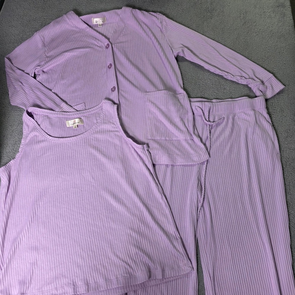 Cuddl Duds Womens Large 3pc Pajama Set Lavender Ribbed Cardigan Tank Pants